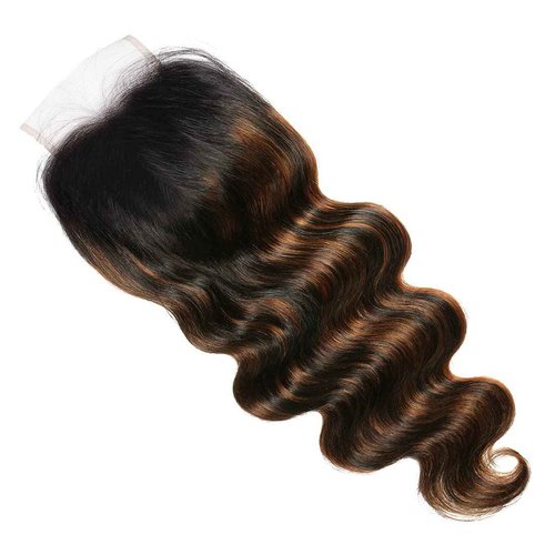 UNICE Ombre Highlight Body Wave 4x4 Lace Closure Free Part, Brown Human Hair Wavy Closure with Dark Roots FB30 Color 14 inch