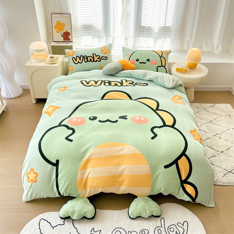 Cartoon Thickened Milk Velvet Bedding Set - Four Piece Kids Bed Linens