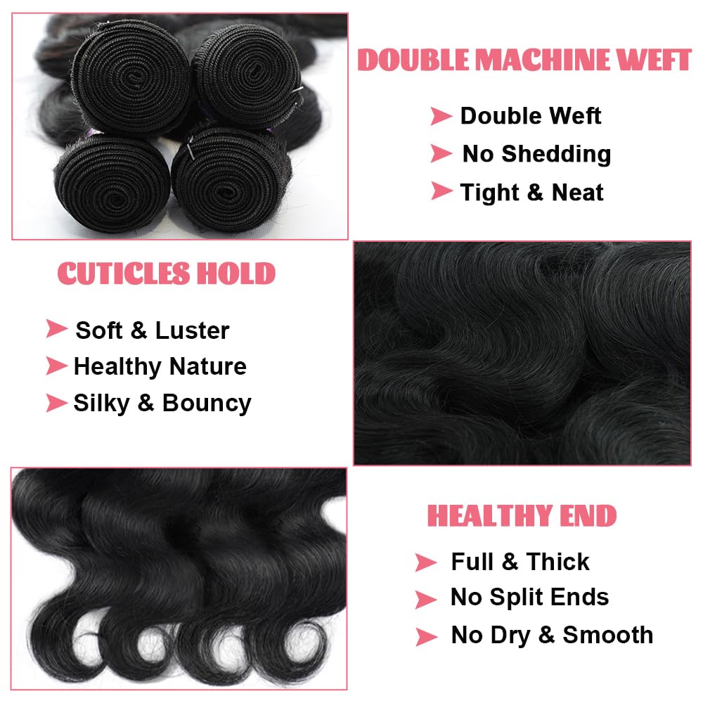 14A Human Hair Bundles 20 22 24 Inch Body Wave Bundles Human Hair 100% Unprocessed Brazilian Virgin Hair Body Wave 3 Bundles Human Hair Extensions for Women Natural Color Quick Weave
