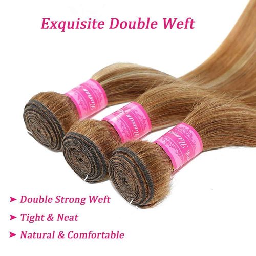 Beautymoon Highlight Ombre Straight Human Hair Bundles 100% Unprocessed Brazilian Honey Blonde Straight Hair 16 18 20 Inch 3 Bundles Deals Human Hair Double Weft 4/27 Colored