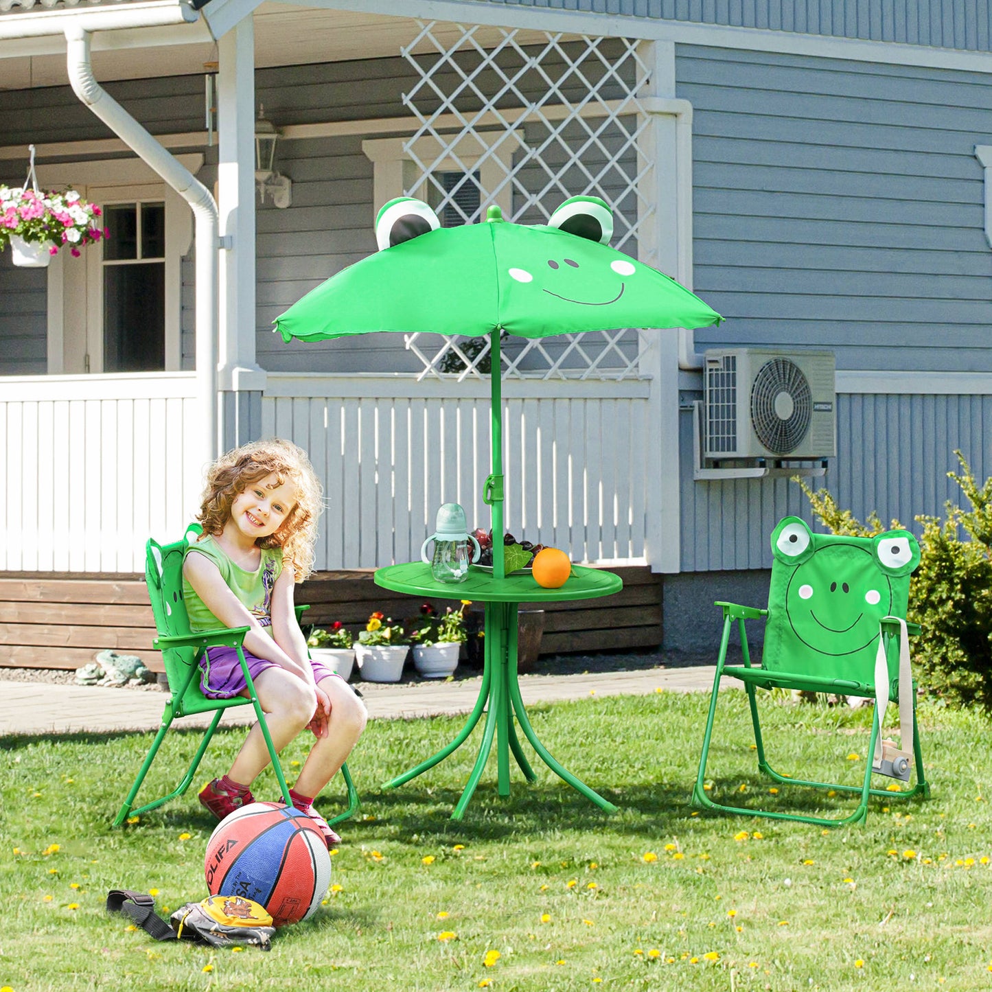 Kids Table and Chair Set with Adjustable Umbrella - Green Frog