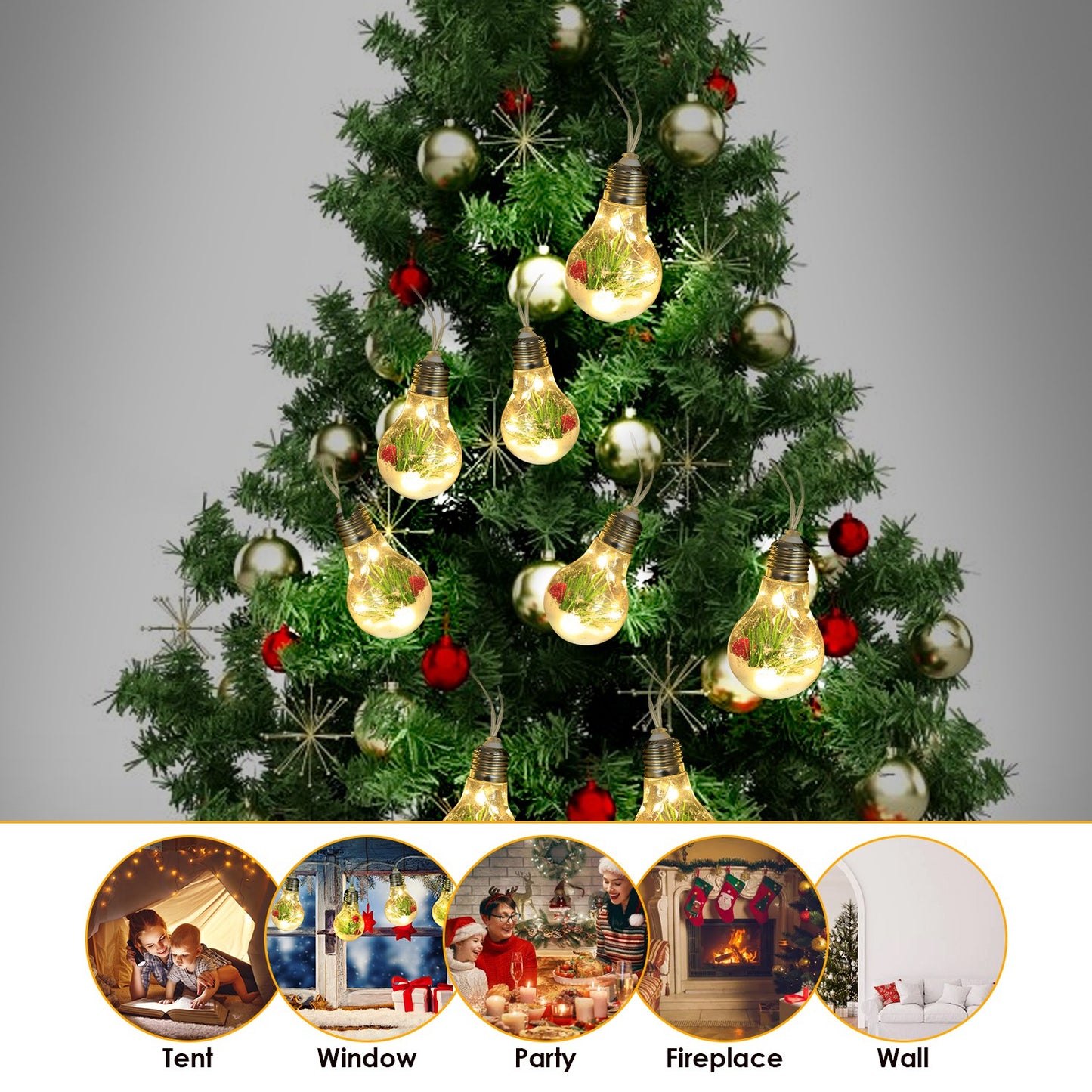 Warm White Christmas Snow Globe String Lights - 10 LED Bulbs, 13.78FT