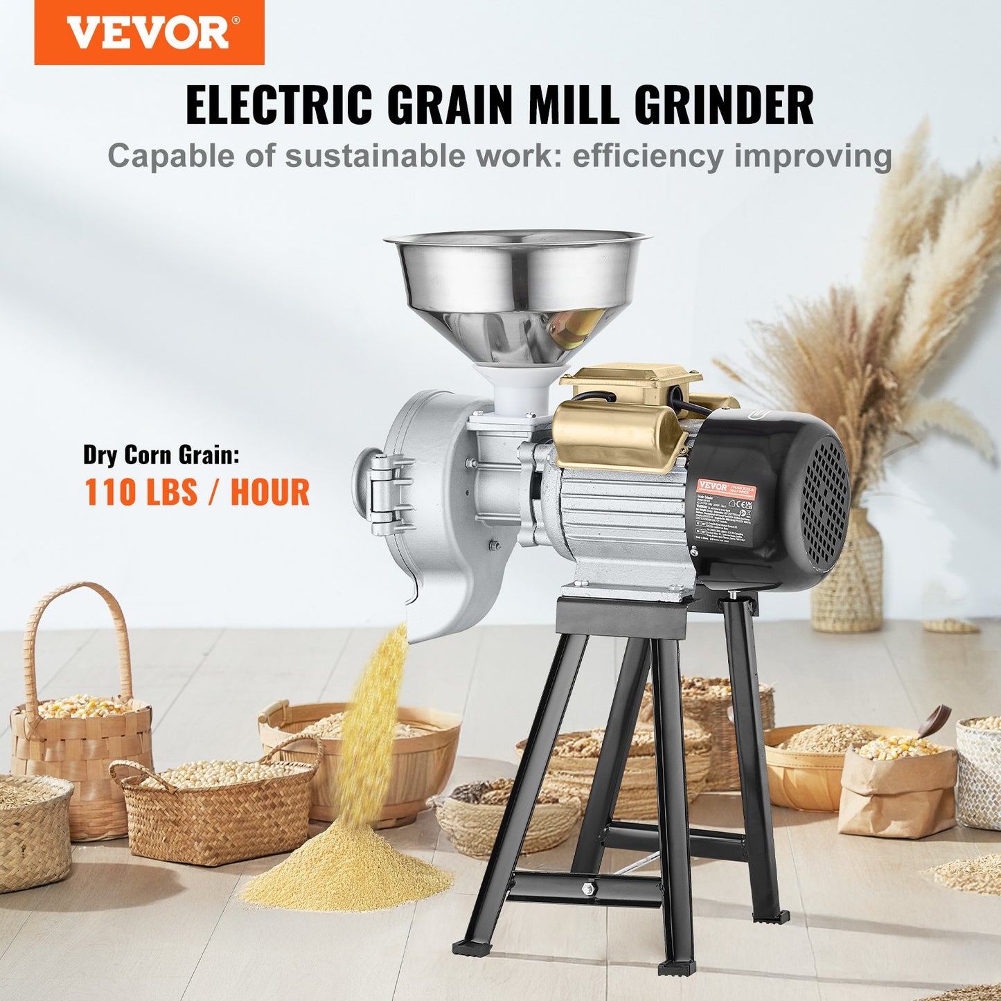 3000W Electric Grain & Flour Grinder Wet & Dry Cereal Mill - Black