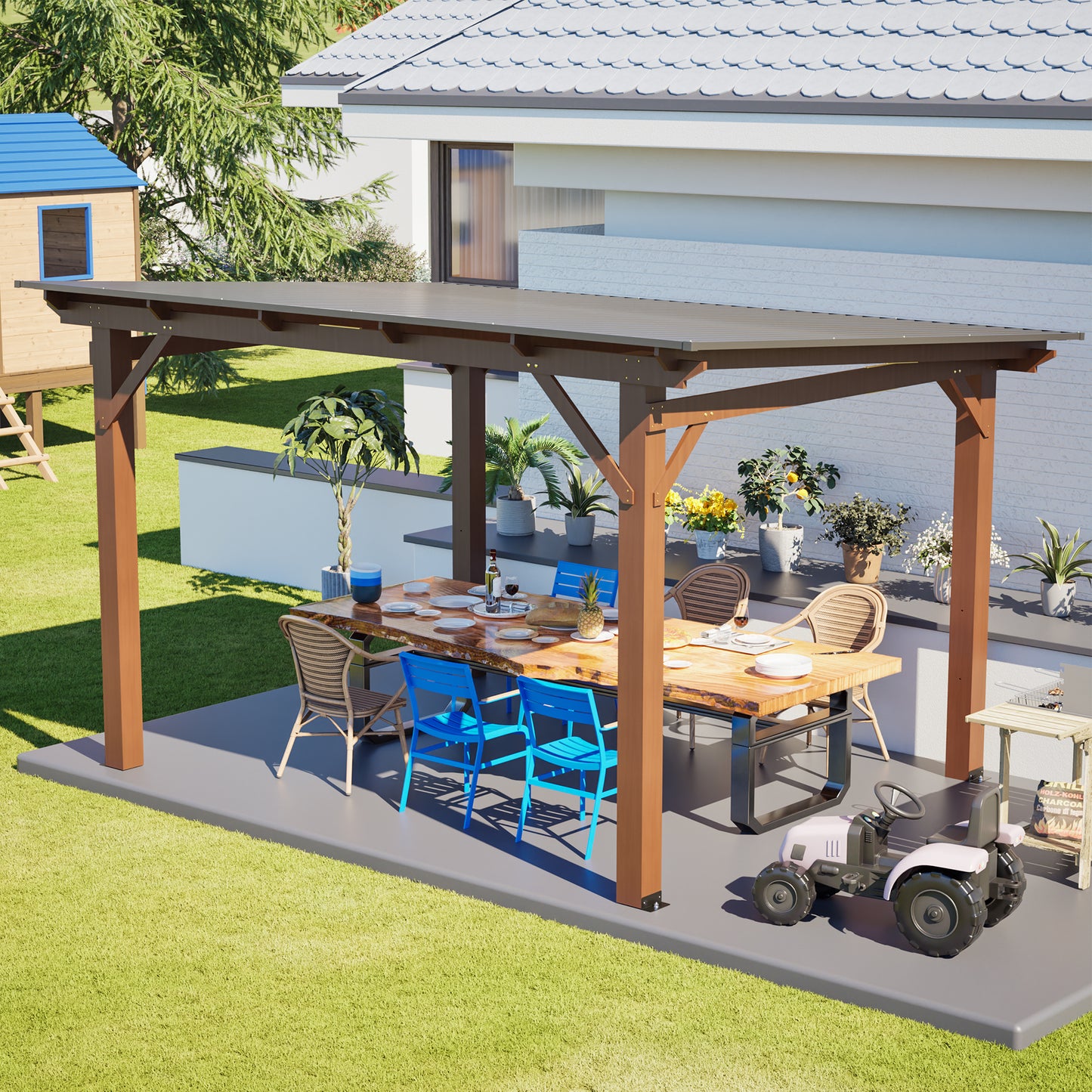 13x10ft Wooden Garden Gazebo with Metal Roof - Brown