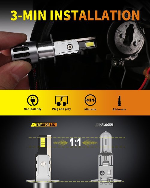 Termitor Upgraded H1 Light Bulbs, 900% Brightness with 16 CSP Chips, Real 1:1 Halogen Size, 6500K White, Canbus Ready Fog Light Bulbs, Pack of 2