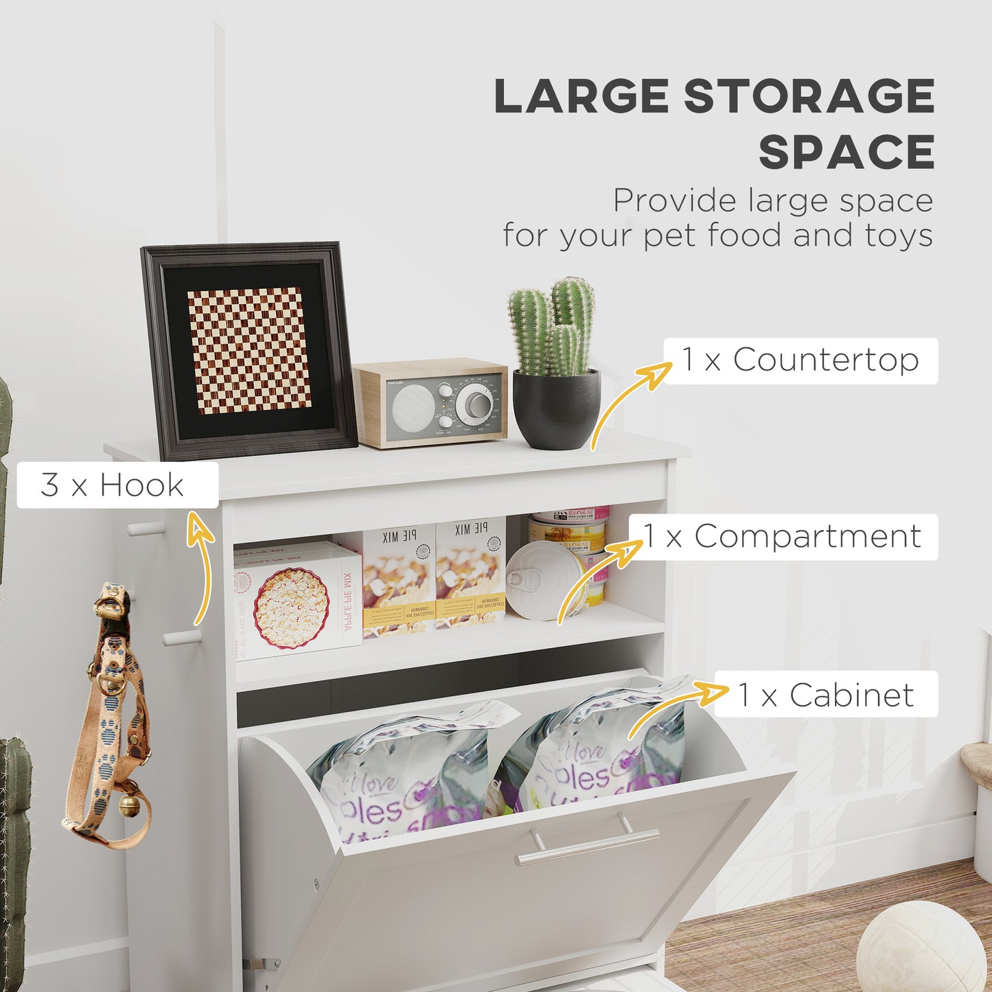 Pet Food Storage Cabinet with Raised Bowls and Storage Shelves - White