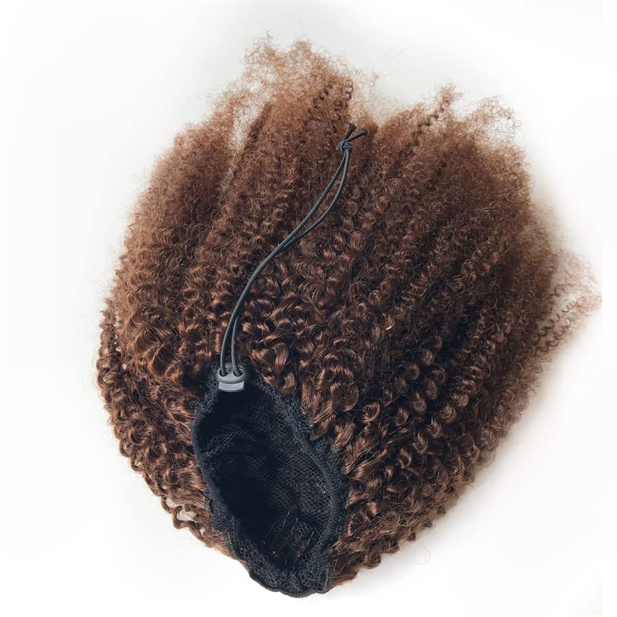 GREEMEO Afro Puffy Human Hair Ponytail Extensions Drawstring 100% Real Remy Hair Afro Kinkys Curly Bun Extension With Two Combs #4 Medium Brown 10 Inches