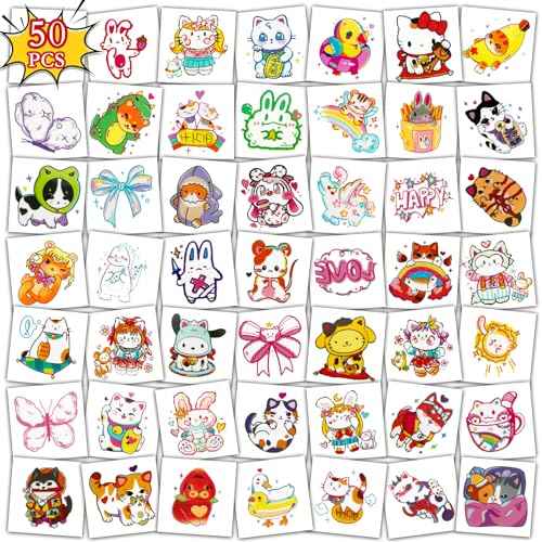 Konsait 50 Sheets Anime Tattoos, Cartoon Mixed Style Cat Tattoos, Individually Wrapped, Watercolor Cat Temporary Tattoos Cat Party Favors Cat Birthday Party Supplies