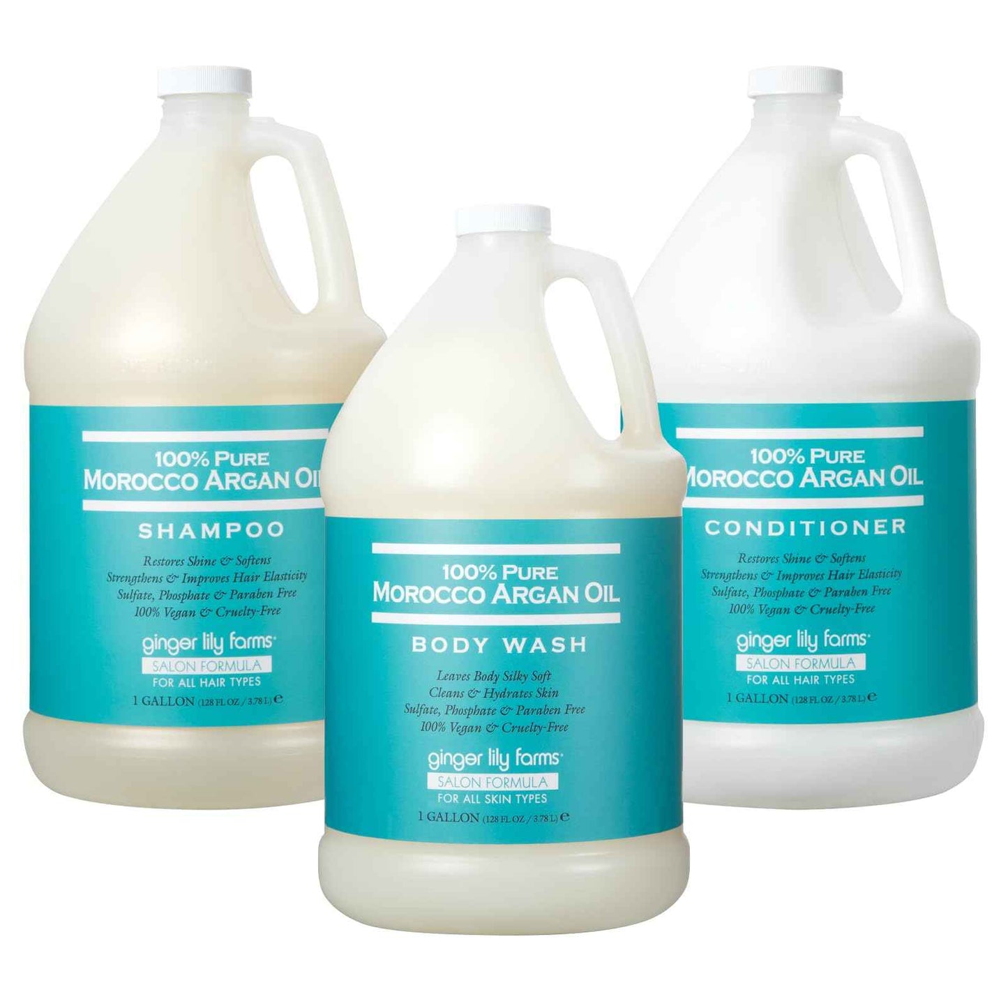Ginger Lily Farms 100% Pure Morocco Argan Oil Body Wash + Shampoo + Conditioner Bundle, 1 Gallon Each
