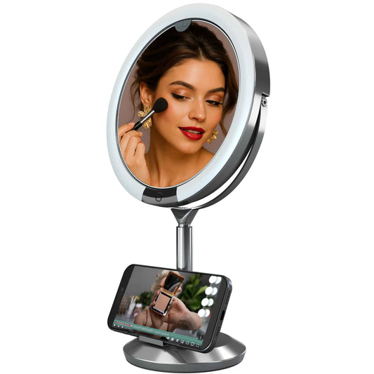 Lumérie Femlightens Professional HD LED Desk Mirror, 1X/10X Pro LED Makeup, Sensor 3-Color Dimmable Light Up for Desk, Height-Adjustable Vanity Mirrors Tabletop with Phone Holder, USB-C Rechargeable