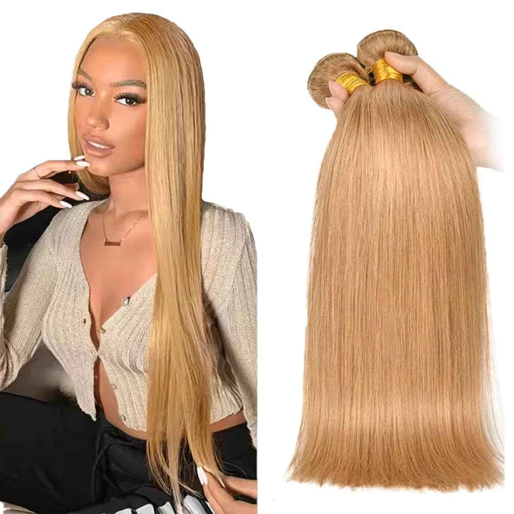 26 28 30 inch Honey Blonde Human Hair Bundles Blonde Straight Human Hair Bundle #27 Straight Bundle Double Weft 3 Bundles