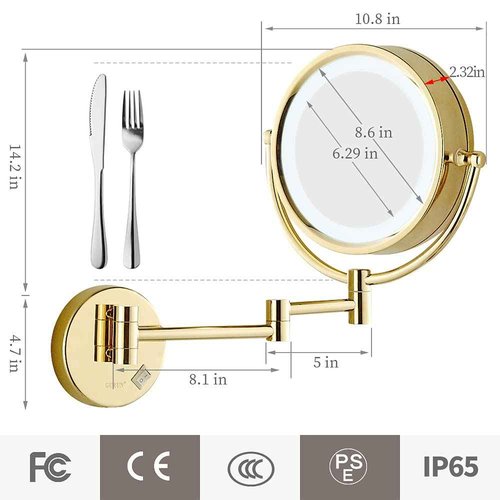 GURUN 8.5 Inch Magnifying Makeup Mirror with 3 Tones LED Lights Double Sided Vanity Mirror for Bathroom with 10X Magnification M1809DJ (Gold 10X)