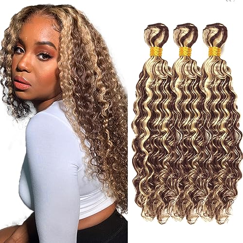 20 22 24 Inch P4/613 Human Hair Bundles Blonde Deep Wave Human Hair Bundles Brazilian Unprocessed Virgin Hair 3 Bundle Two Tone Brown Mixed With Blonde Bundle