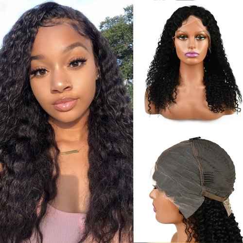 Deep Wave Lace Front Wig for Black Women - 20 inches Natural Black 180% Density Glueless 4X4 Lace Front Deep Wave Human Hair Wigs