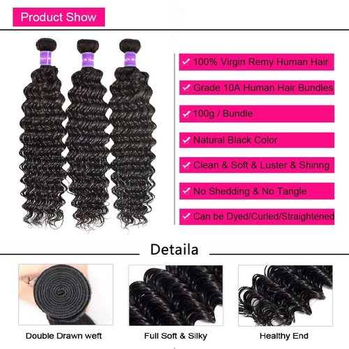 Deep Wave Bundles with Closure (12 14 16+10，Free Part) 100% Unprocessed Brazilian Virgin Hair Weave Bundles with Lace Closure Curly Virgin Human Hair Weft Natural Color for Black Women
