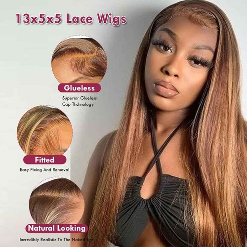DÉBUT Ombre Highlight Brown Glueless Wigs Human Hair Pre Plucked Straight Hair Lace Front Wigs 5x5 HD Lace Closure Wig for Women Daily Use 18 Inches
