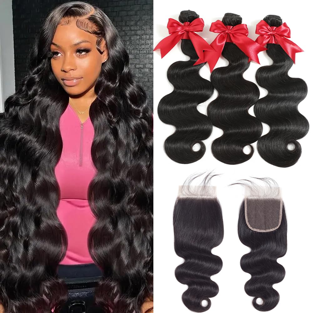 12A Human Hair Bundles with Closure 18 20 22 with 16 Inch Brazilian Body Wave 3 Bundles Human Hair with 4x4 HD Lace Closure 100% Unprocessed Virgin Human Hair Weave