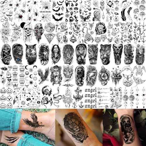 71 Sheets Dead Skull Temporary Tattoos For Women Men Adults, Old School Halloween Fake Tattoo Stickers Tiger Wolf Lion Dragon Flowers, Temp Punk Gothic Chicano Carp Skeleton Tattoo Indian Eagle Floral