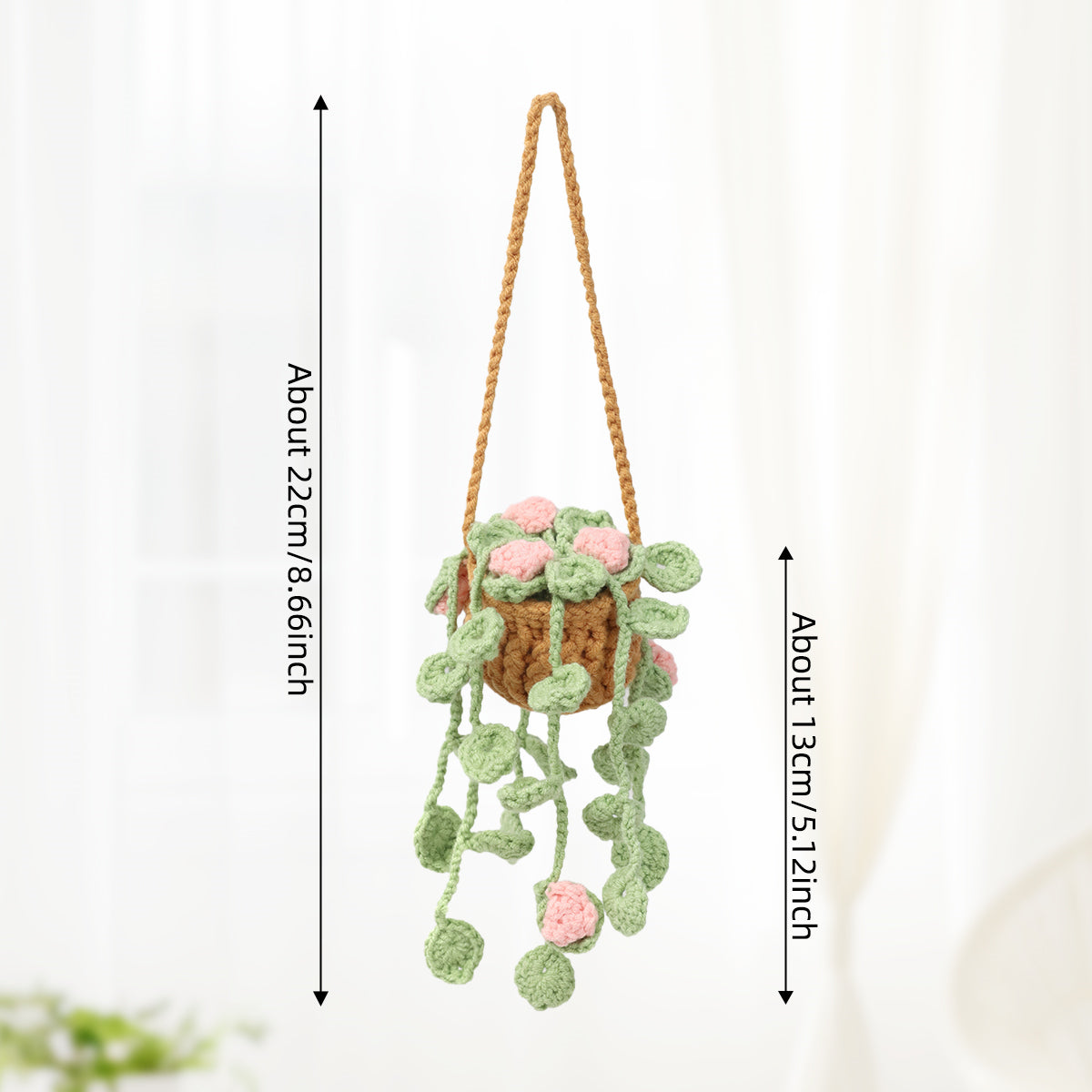 Handmade Crochet Hanging Plant Decor with Pink Flowers and Green Vines - Indoor Wall Art