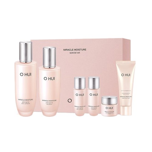O HUI Miracle Moisture Set | Korean Skin Care Set, 2 Full Size + 4 Travel Essentials | Helps Strengthen Skin Barrier, Glowing Skin, Glass Skin | Softener Lotion, Face Wash, Emulsion | Ceramide, Peptide