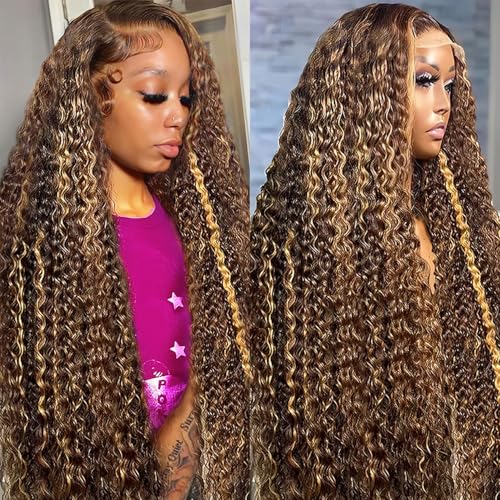 Honey Blonde Ombre Lace Front Wig Human Hair 13x6 HD Highlight Deep Wave Lace Front Wigs Human Hair Pre Plucked 200% Density 4/27 Colored Curly Frontal Wigs for Women 24 Inch