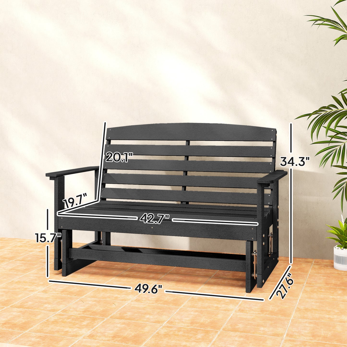 Patio Glider Bench - HDPE Slatted Double Rocking Chair - Black