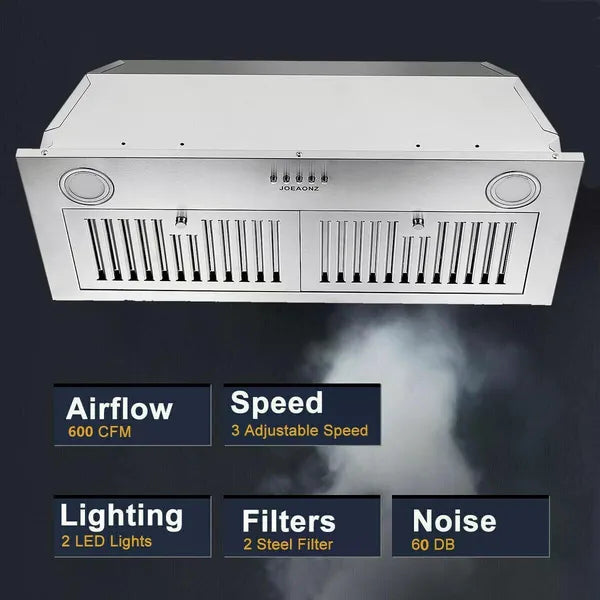 30 Inch Stainless Steel Range Hood 600 CFM Ducted & Ductless Kitchen Vent with LED Lights