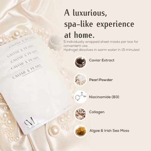 CSM Caviar & Pearl Face Mask – Luminous Hydrated Skin – Reduces Fine Lines & Wrinkles, Brightens Complexion, and Strengthens Skin Barrier – 5 Individually-Wrapped Masks