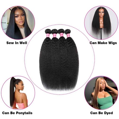 Borchan Kinky Straight Bundles Human Hair 4 Bundles 14 16 18 20 Inches 100% Unprocessed Brazilian Yaki Straight Hair Bundles Virgin Remy Kinky Curly Bundles for Black Women