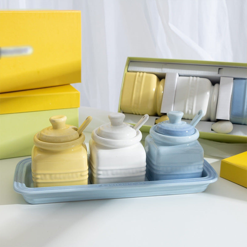 Ceramic Seasoning Jar Set with Spoon - Gift Box Condiment Bottles, Color Options