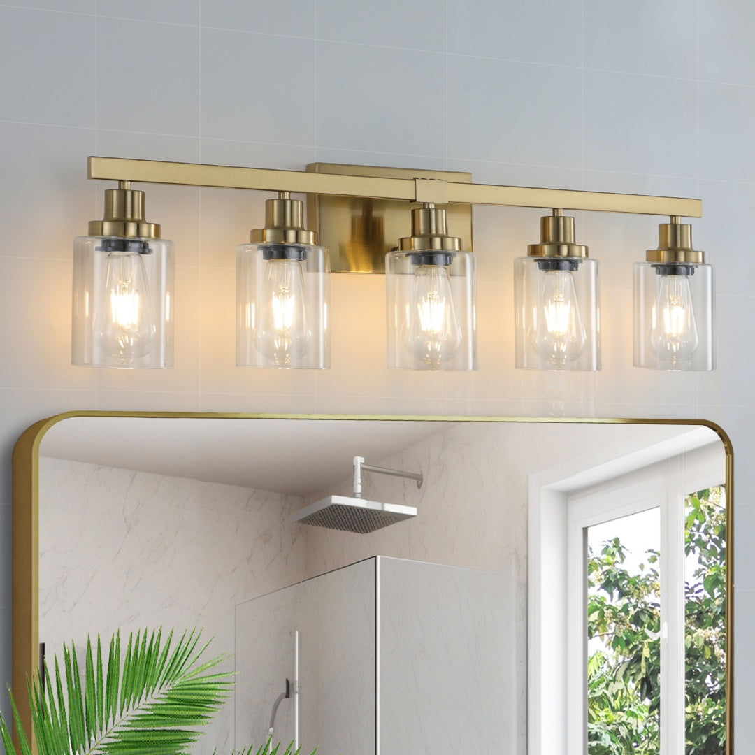5-Light Golden Vanity Light Fixture with Clear Glass Shades