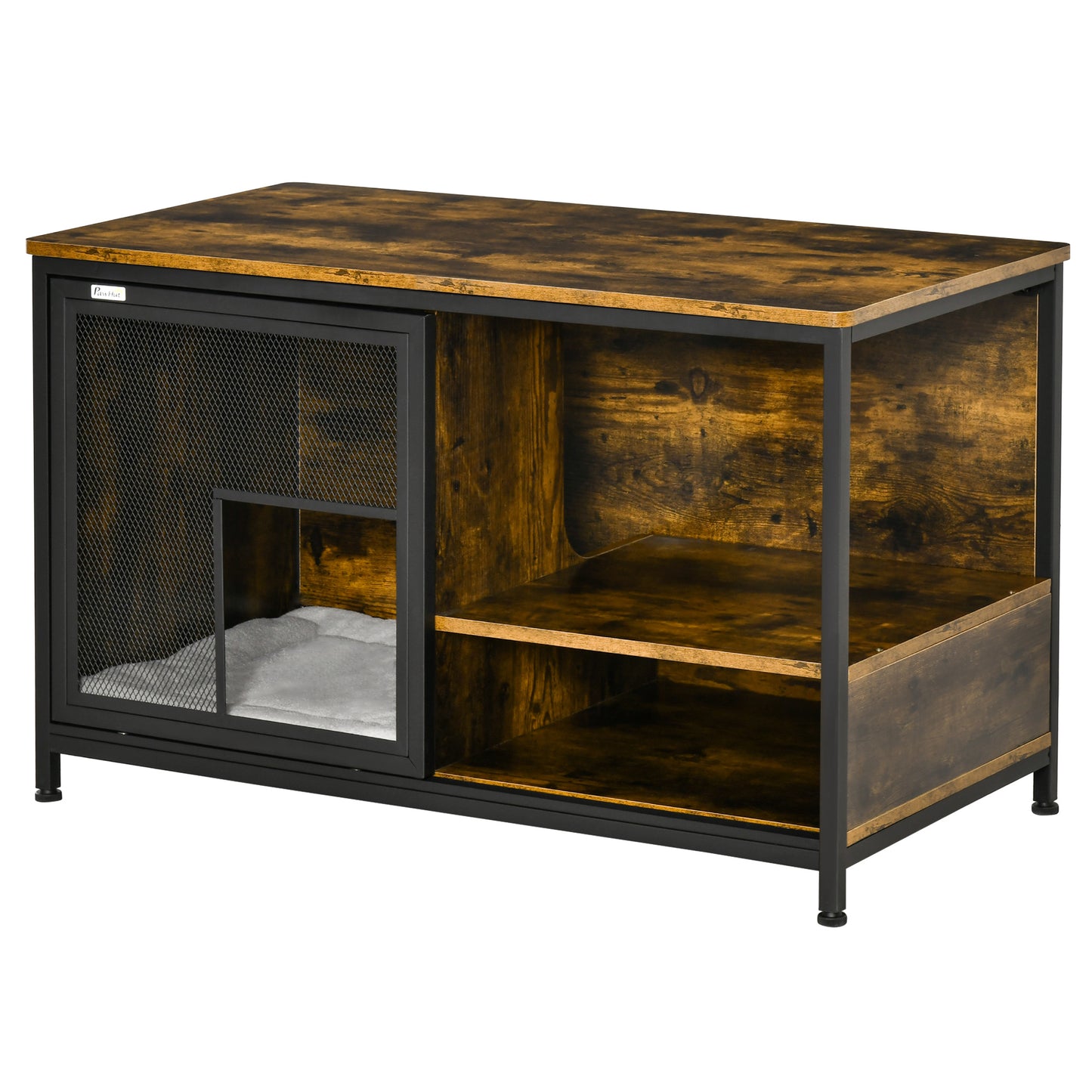 Wooden Cat Crate End Table Pet House with Cushion & Sliding Doors — Rustic Brown