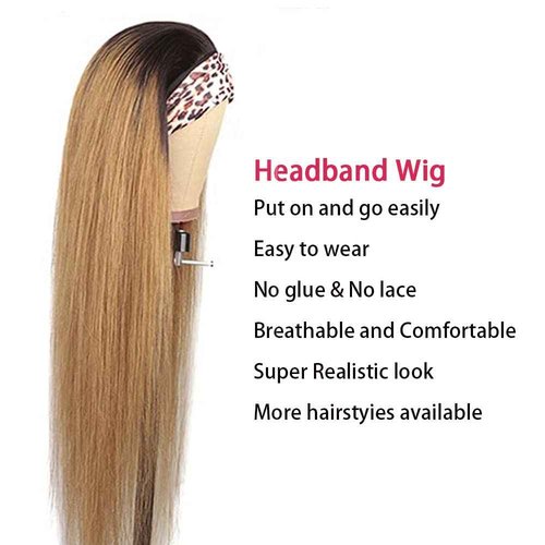 Ombre 1B27 Straight Headband Wig Honey Blonde Human Hair Wig Dark Root 130% Density Brazilian Virgin Hair Machine Made Wigs for Women 20 Inch