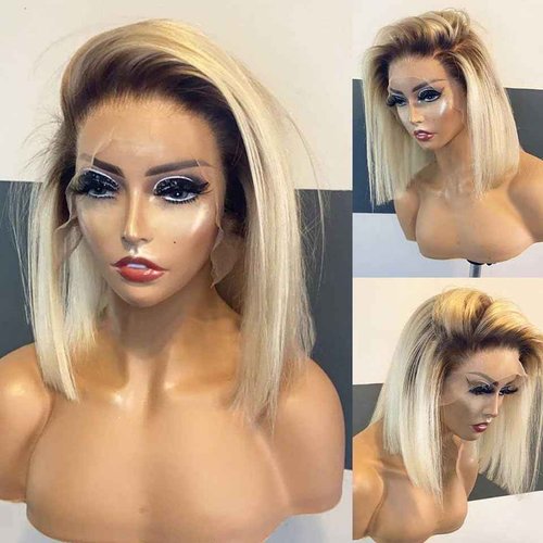 Ombre 613 Blonde Bob Lace Front Wigs Black to Blonde Dark Roots Colored Human Hair Wigs Glueless 13X4 HD Straight Brazilian Virgin Human Hair Wig Lace Wig for Black Women 150% Density (#1B/613)