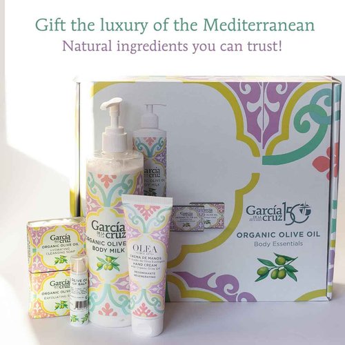 Olive Oil Body Essentials Kit by Garcia de la Cruz Extra Virgin Olive Oil Infused Skin Care Gift Set includes Body Milk, Lip Balm, Hand Cream, and 2 Soaps