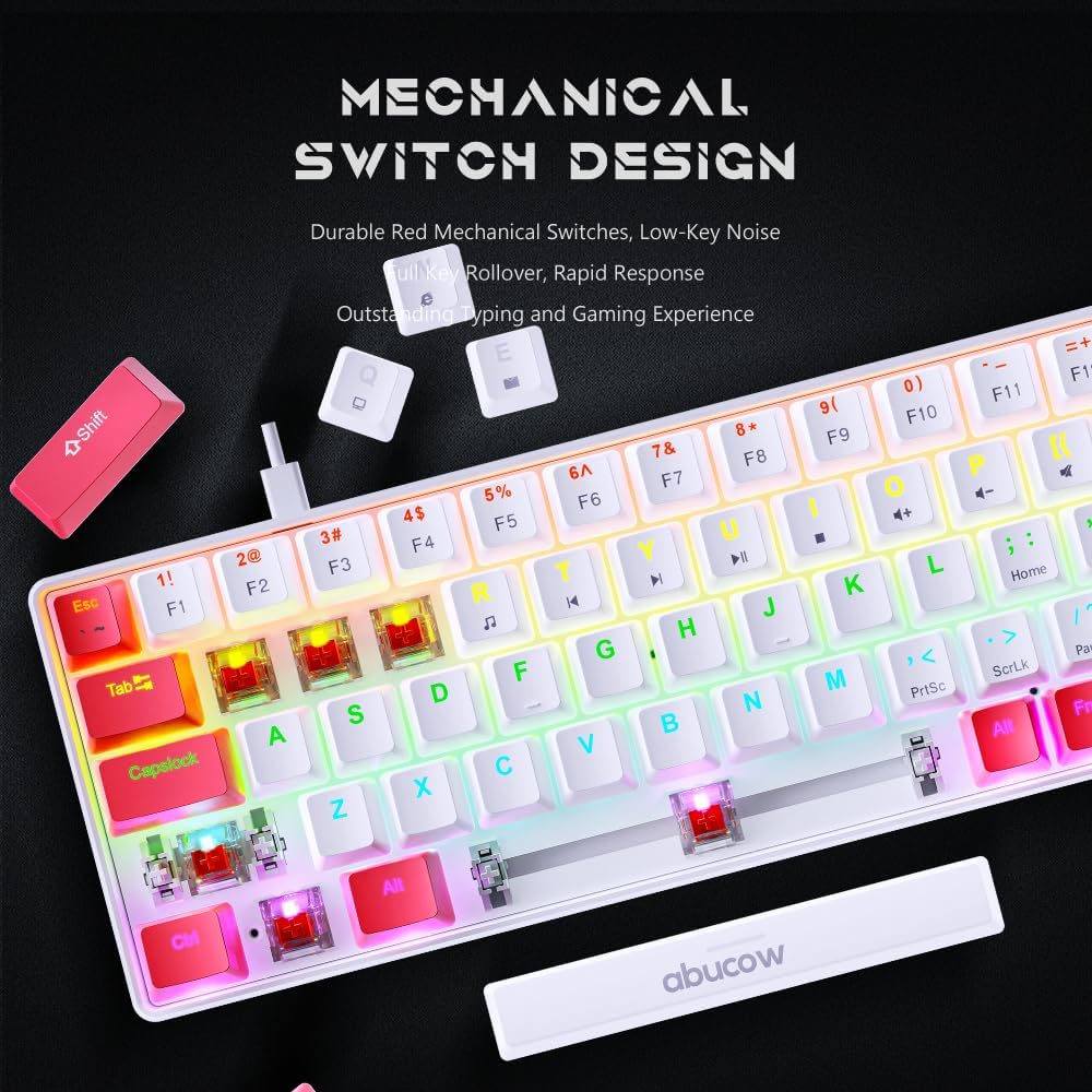 abucow 60% Mechanical Keyboard with Colorful Backlight 68-Key Gaming Keyboard White Red Keycaps - Red Switches for a Premium Typing and Gaming Experience PC Mac (White-Red)