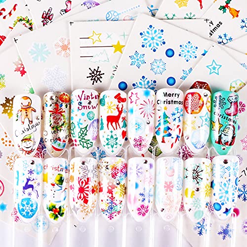 30 Sheets Christmas Nail Art Decals Snowflake Elk Snowman Nail Stickers Holographic Water Transfer Sticker Design for Women Girls Manicure Tips Charms Christmas Decoration Snow Nail Decal Supplies