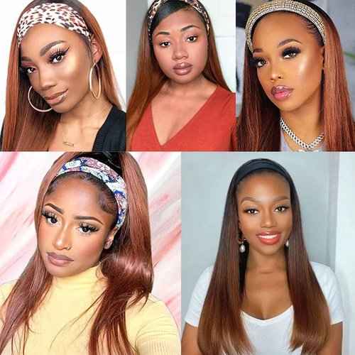 1B30 Straight Headband Wig Ombre Brown Human Hair Headband Wig 130% Density Grade 8A Brazilian Remy Hair Machine Made Wigs Dark Brown Color 20 Inch