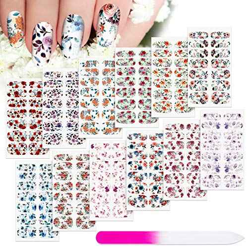 168 Pcs 12 Sheets Full Wraps Nail Polish Stickers Flower Print Self-Adhesive Nail Decal Strips with File Manicure Kits Colorful Flower Full Cover Decal Strips for Women DIY Decoration(Bright Style)