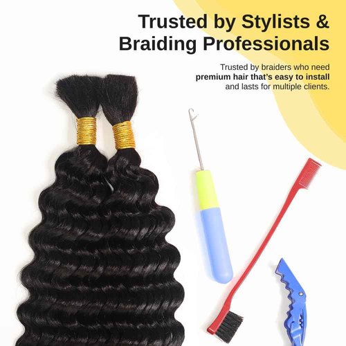 Human Braiding Hair for Boho Braids – French Deep Wave Boho Hair, No Weft, Natural Wave, Micro Braiding Hair, 100% Virgin Remy, 18 Inch 100g (1B Natural Black)