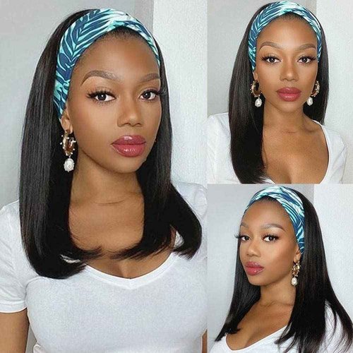 AISI Bob Headband Wig Human Hair Short Wigs for Black Women Straight 150% Density (16 Inch)