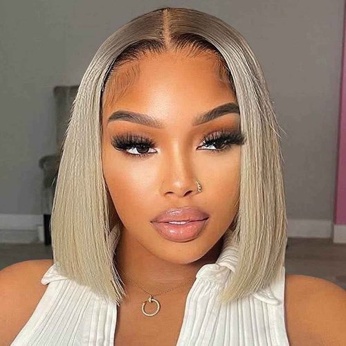 Orijodie 180% Density Ombre Ash Blonde Bob Wig Human Hair 13x4 HD Invisible Front Wigs for Women Grey Ash Blonde Glueless Straight Bob Wig with Dark Roots Bleached Knots 14 Inch