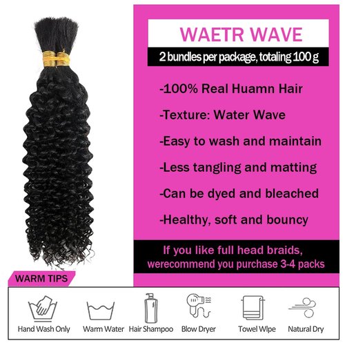 Curly Human Braiding Hair for Boho Braids Bohemian Water Wave Bulk 100% Human Hair for Micro Braiding Hair Wet and Wavy Boho Knotless Braids Hair No Weft 2 Bundles 100g Natural Color