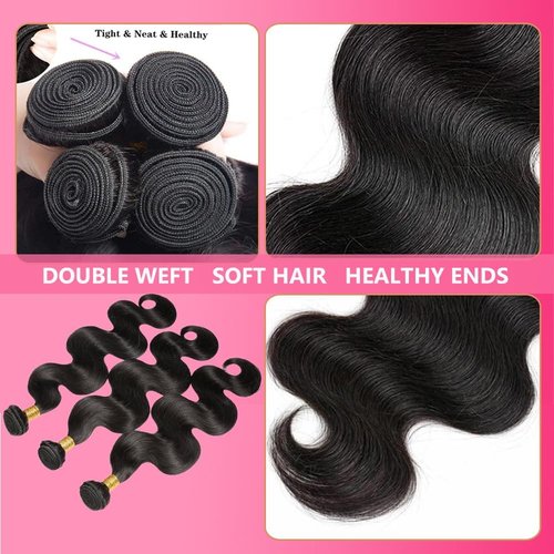 Aptatuse Body Wave Bundles Human Hair 16 18 20Inch 100% Unprocessed 12A Brazilian Virgin Raw Bundles Human Hair 3 Quick Weave Hair Bundles for Women Hair Extensions Natural Black