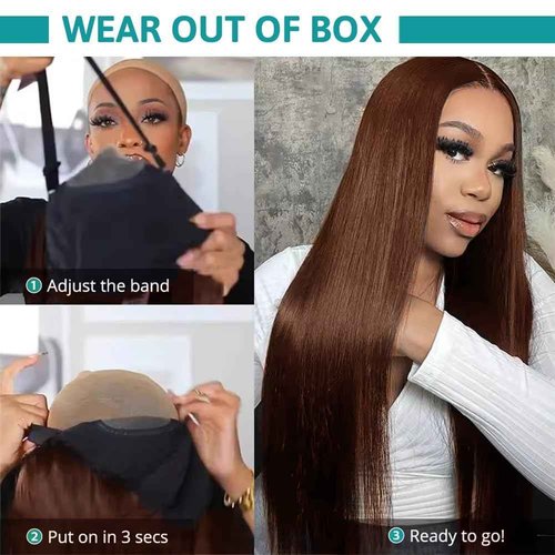 FTQZKEY 28 Inch 7x5 Brown HD Lace Closure Wigs Human Hair 220 Density Wear and Go Glueless Wigs Human Hair Pre Plucked Pre Cut with Bleached Knots Brown Straight Hair for Beginners