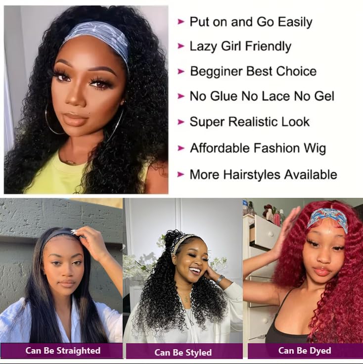 Long Headband Wig Human Hair Deep Wave Human Hair Wigs for Women Curly Half Wig None Lace Front Wigs 180% Density 26 Inch Brazilian Virgin Hair Natural Black Color