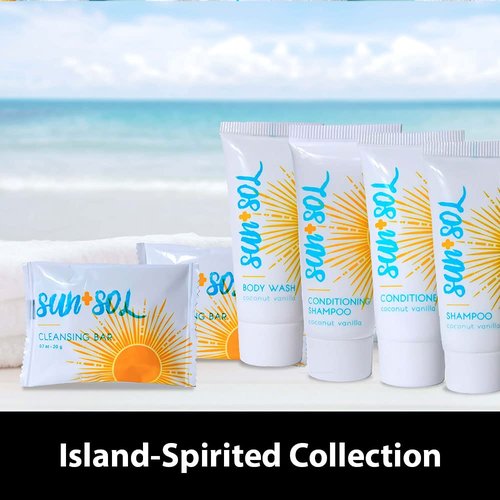 World Amenities - Sun + Sol Bulk Cleansing 2 in 1 Shampoo & Conditioner With Warm Coconut & Vanilla Fragrances, Travel Size Toiletries, Mini Hotel Amenities, 0.7 oz, 300 Count