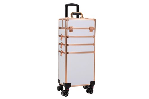 Channcase 4 in 1 Portable Traveling Aluminum Professional Makeup Trolley Cart with Multiple-Sized Compartments and Wheels (Gold with White)