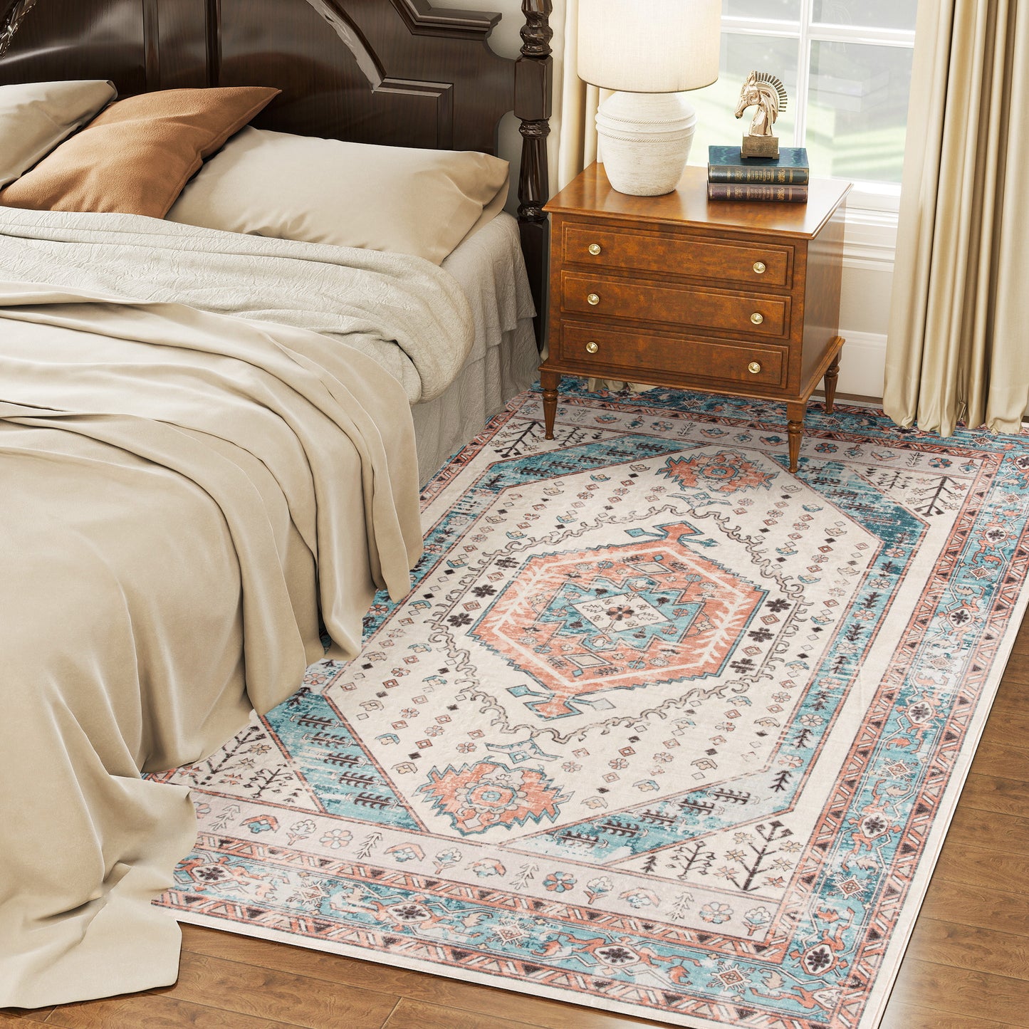 Vintage Machine Washable Area Rug - Brown & Blue, 4x6 ft