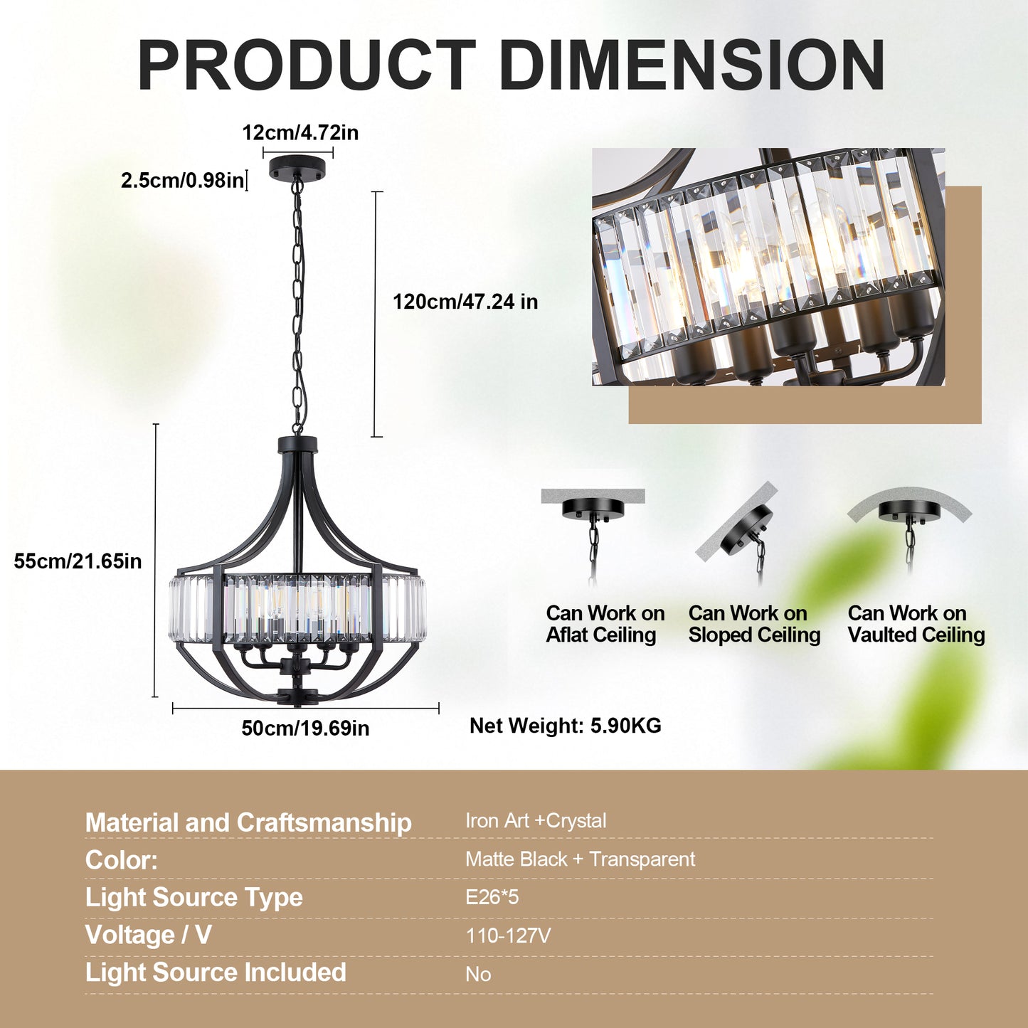 Black Farmhouse Crystal Pendant Chandelier - Modern 5-Light Ceiling Light Fixture